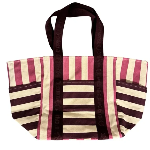 PINK Victoria's Secret Burgundy and Cream Striped Tote - Picture 2 of 4